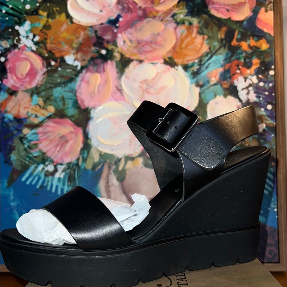 Black Leather Wedge Sandals with Buckle Closure